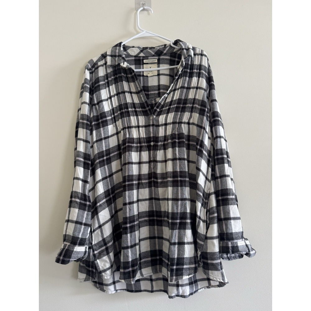 merican Eagle Black White Plaid Flannel Popover Shirt Tunic Pintuck Pleated